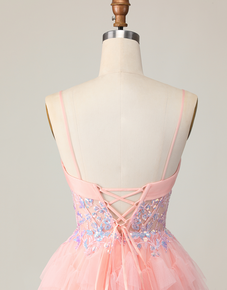 Pink Corset A Line Short Homecoming Dress with Ruffles