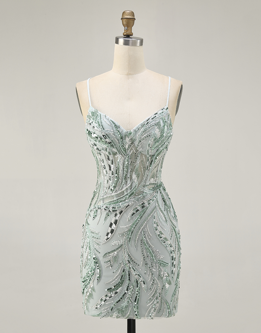 Sparkly Green Spaghetti Straps Short Corset Homecoming Dress with Sequins