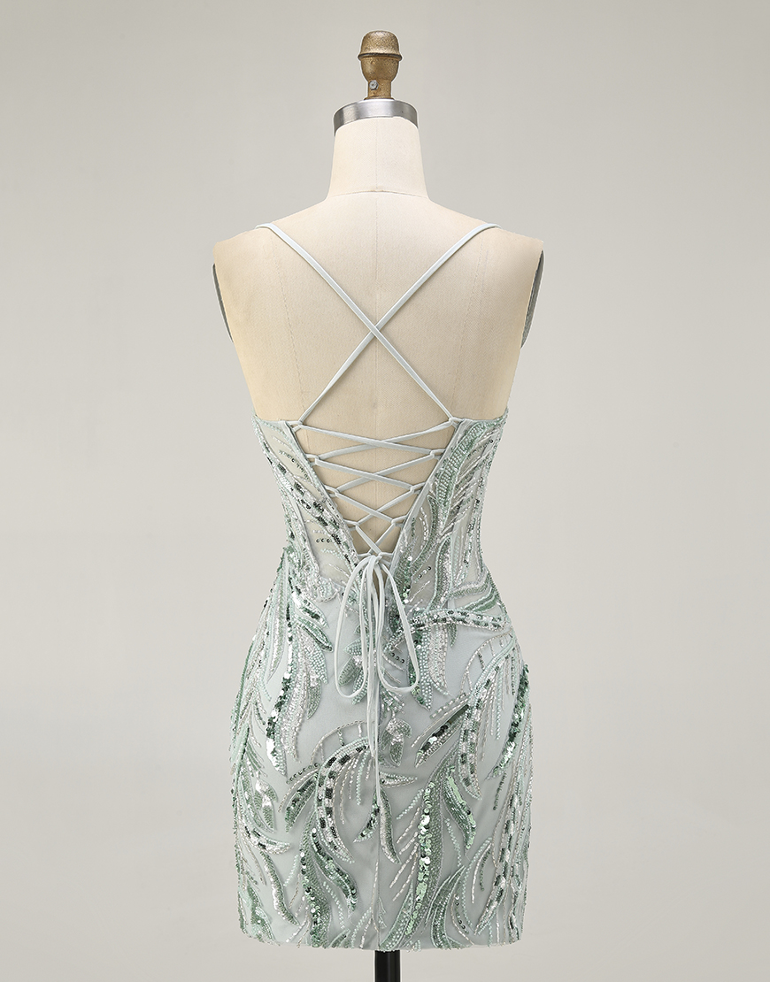 Sparkly Green Spaghetti Straps Short Corset Homecoming Dress with Sequins