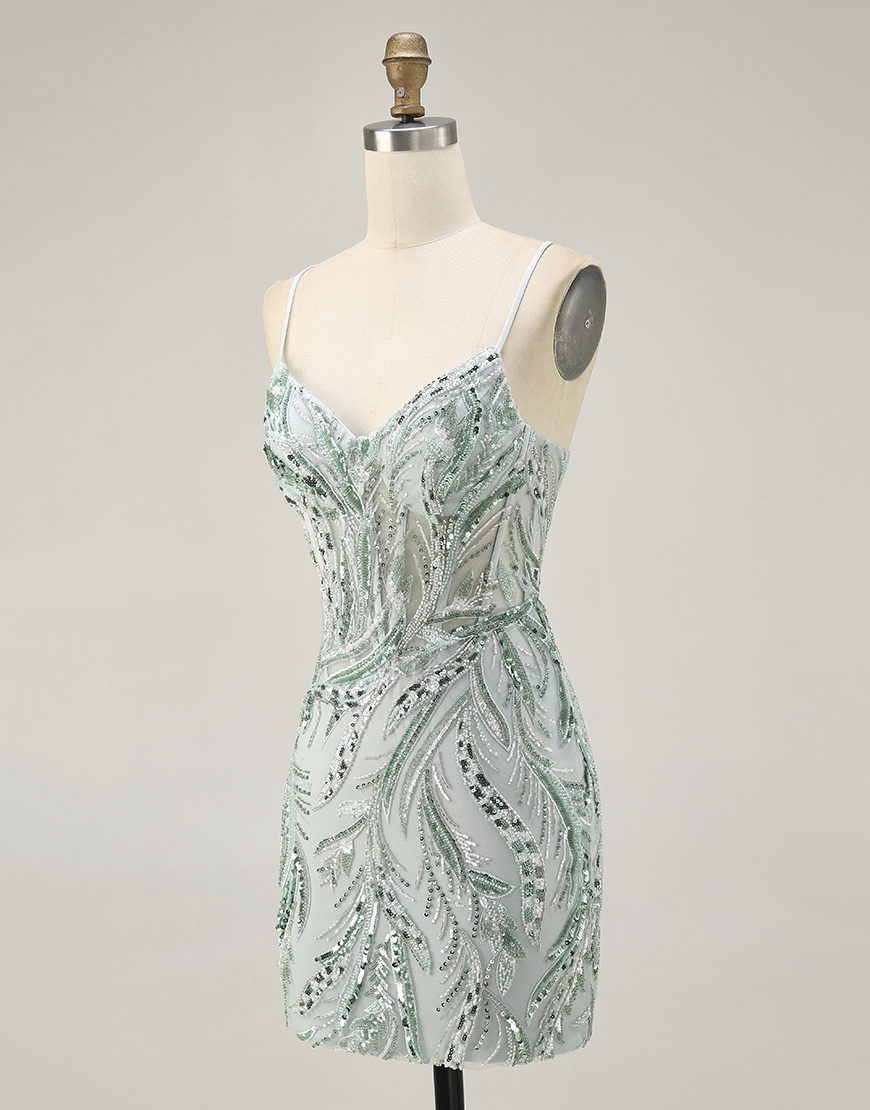Sparkly Green Spaghetti Straps Short Corset Homecoming Dress with Sequins