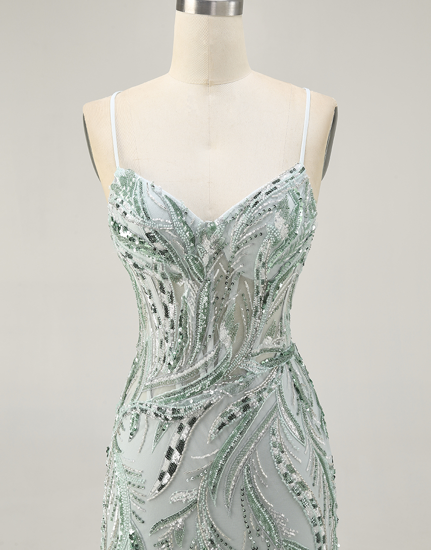 Sparkly Green Spaghetti Straps Short Corset Homecoming Dress with Sequins