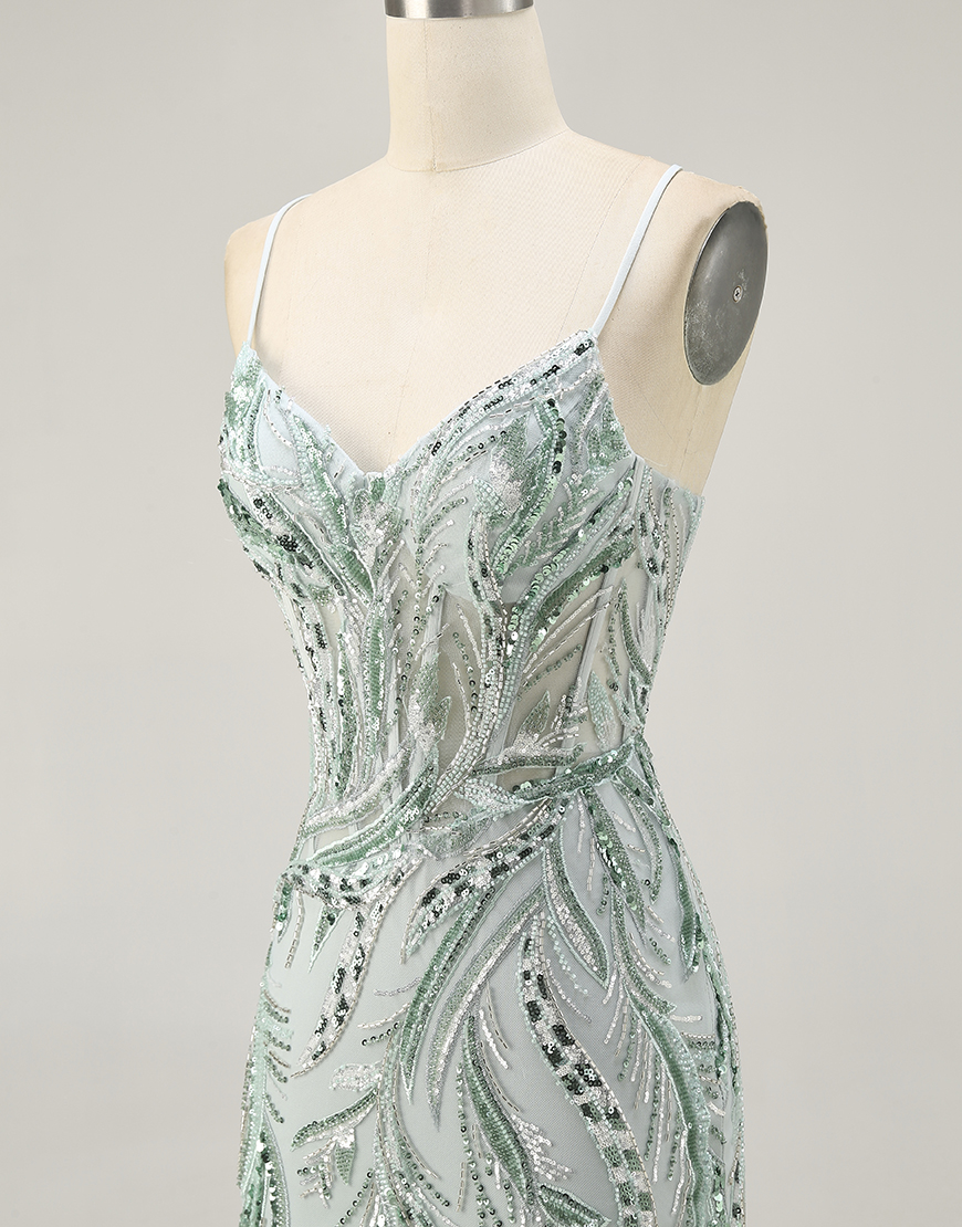 Sparkly Green Spaghetti Straps Short Corset Homecoming Dress with Sequins