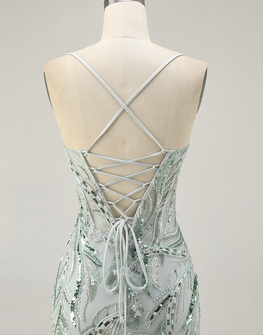 Sparkly Green Spaghetti Straps Short Corset Homecoming Dress with Sequins
