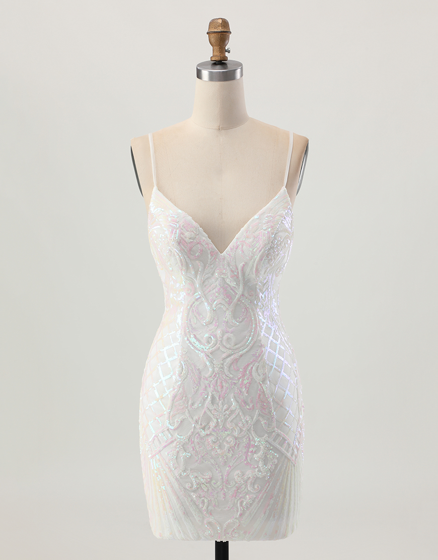 Sparkly White Spaghetti Straps Short Sequin Homecoming Dress