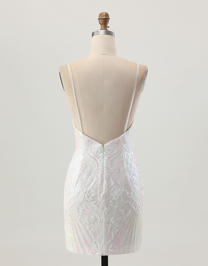 Sparkly White Spaghetti Straps Short Sequin Homecoming Dress