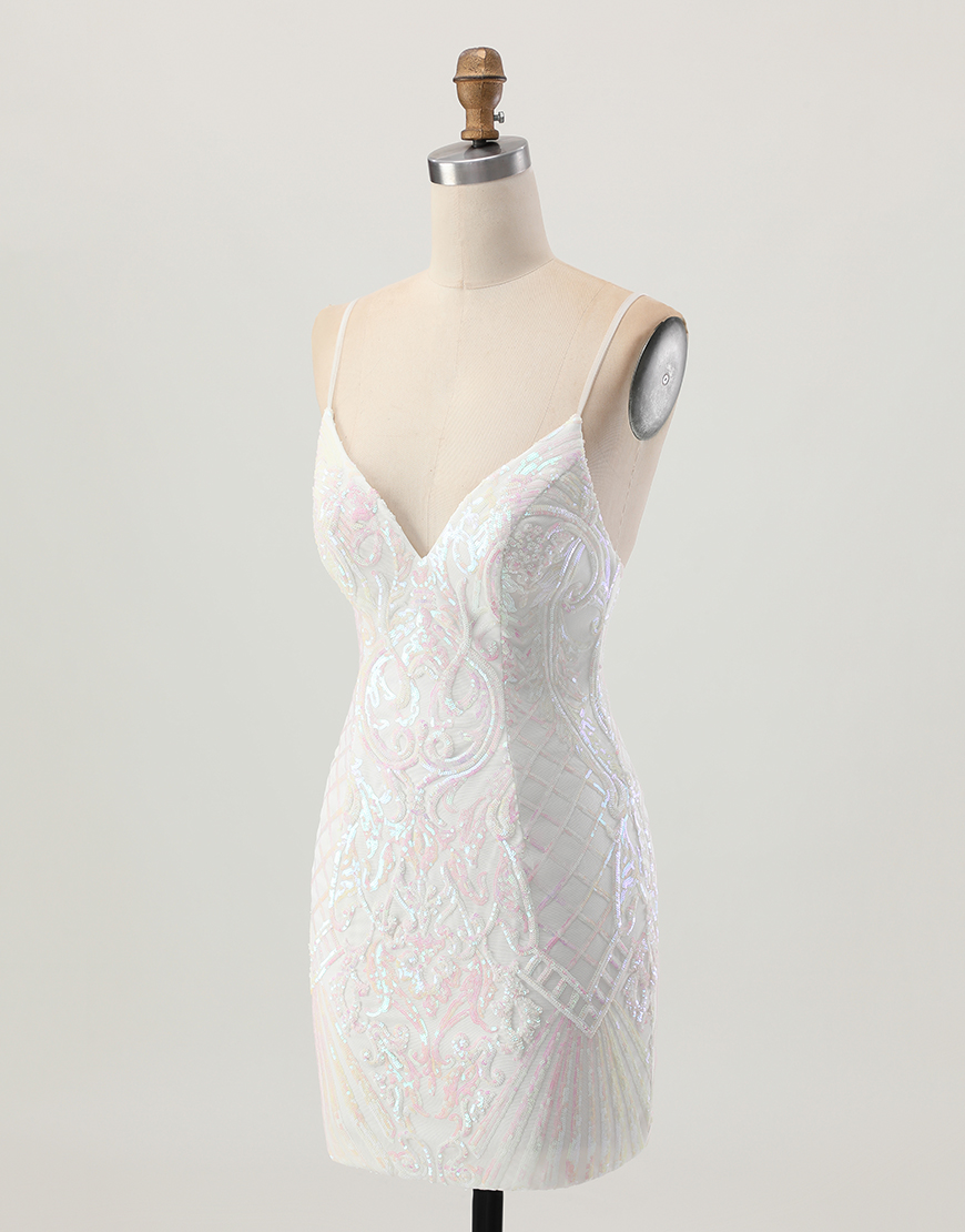 Sparkly White Spaghetti Straps Short Sequin Homecoming Dress
