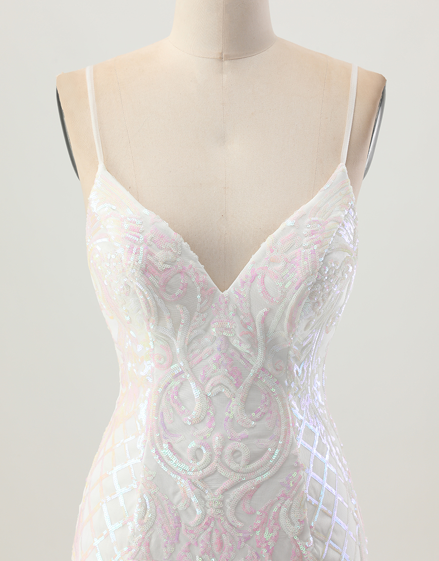 Sparkly White Spaghetti Straps Short Sequin Homecoming Dress