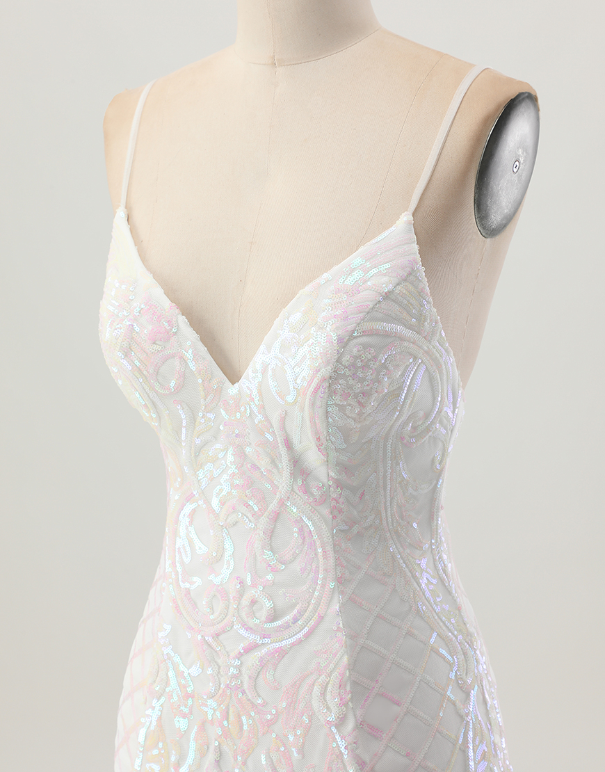 Sparkly White Spaghetti Straps Short Sequin Homecoming Dress