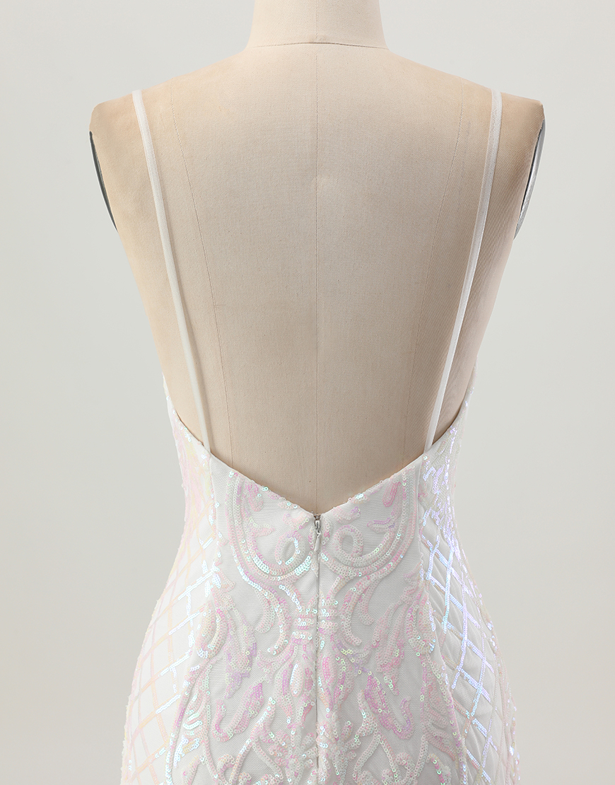 Sparkly White Spaghetti Straps Short Sequin Homecoming Dress