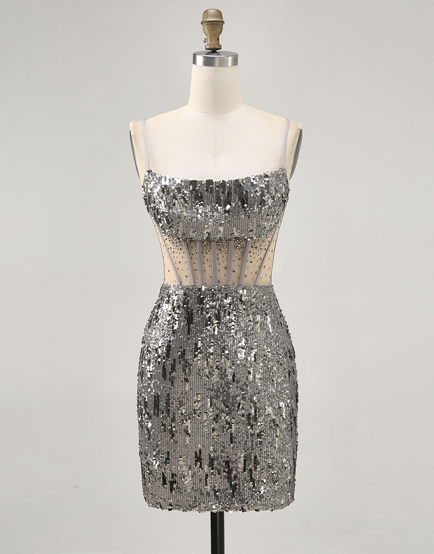 Berlinnova Women Sparkly Steel Grey Sequin Short Corset Homecoming Dress with Beading Tight Spaghetti Straps Cocktail Dress