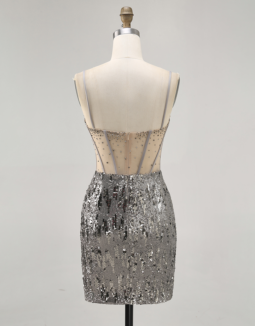 Sparkly Steel Grey Tight Sequin Short Corset Homecoming Dress