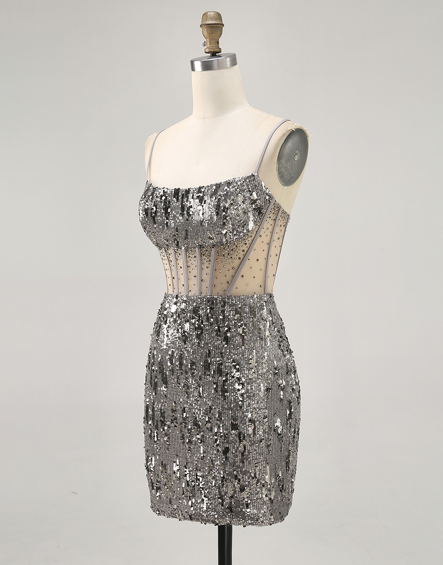 Sparkly Steel Grey Tight Sequin Short Corset Homecoming Dress