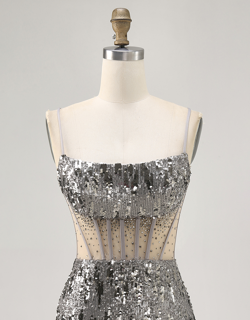 Sparkly Steel Grey Tight Sequin Short Corset Homecoming Dress