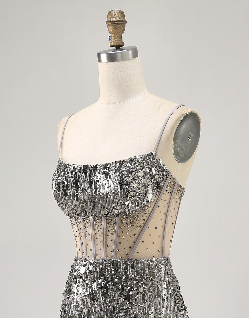 Sparkly Steel Grey Tight Sequin Short Corset Homecoming Dress