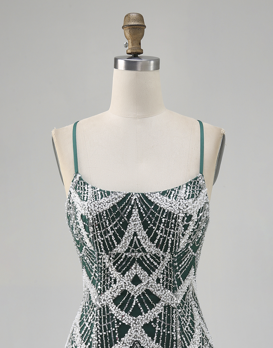 Sparkly Dark Green Tight Spaghetti Straps Short Homecoming Dress with Beading