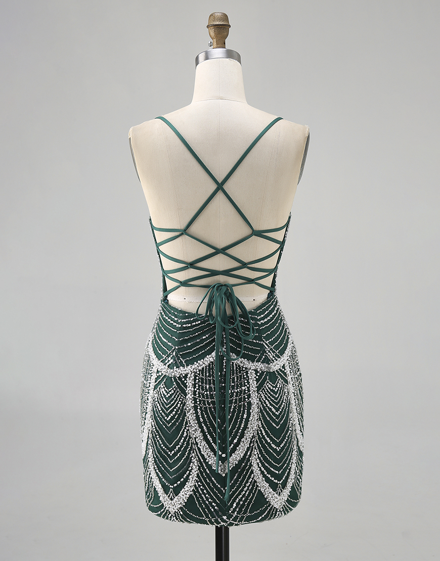 Sparkly Dark Green Tight Spaghetti Straps Short Homecoming Dress with Beading