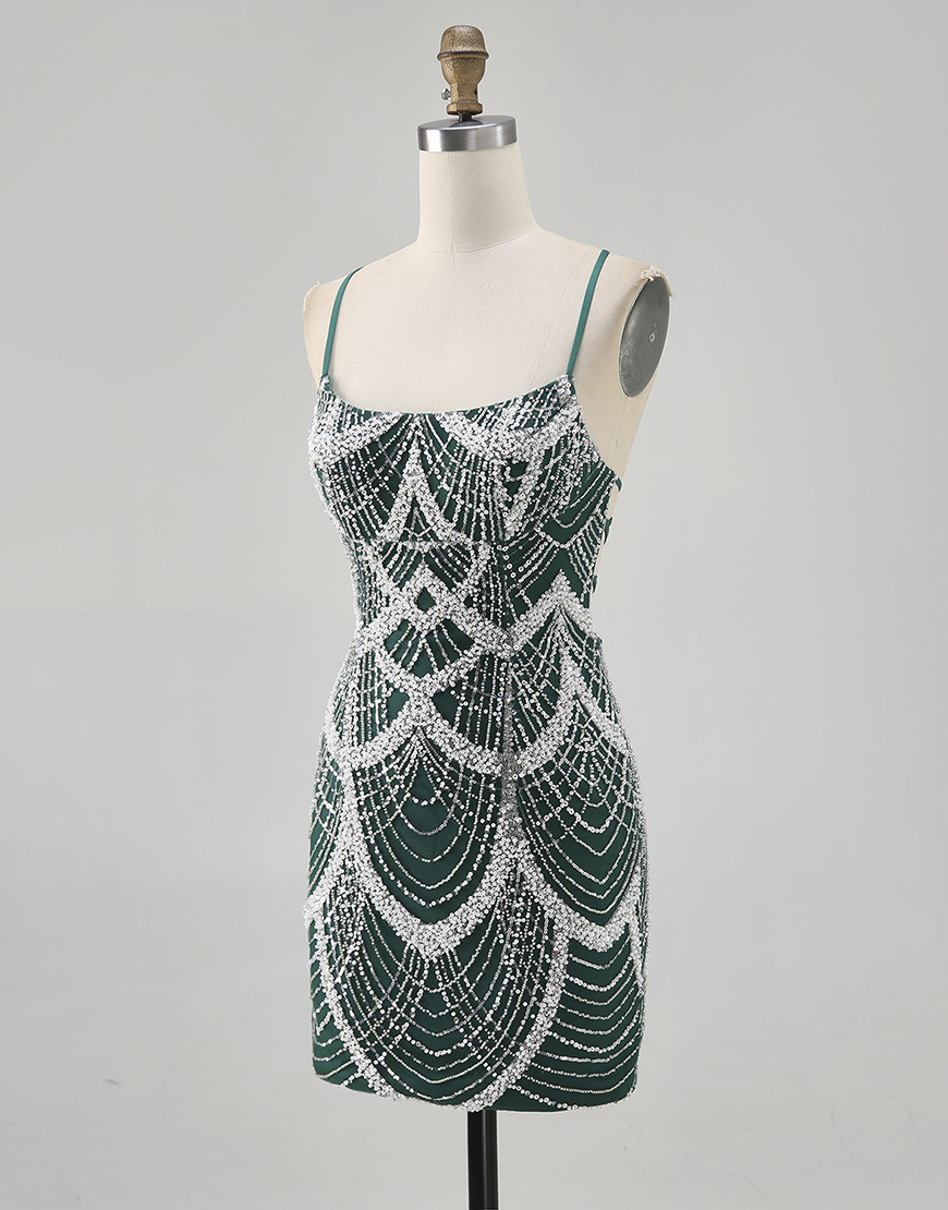 Sparkly Dark Green Tight Spaghetti Straps Short Homecoming Dress with Beading