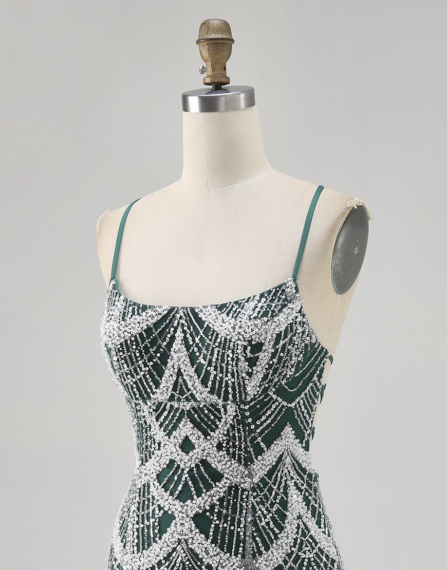 Sparkly Dark Green Tight Spaghetti Straps Short Homecoming Dress with Beading