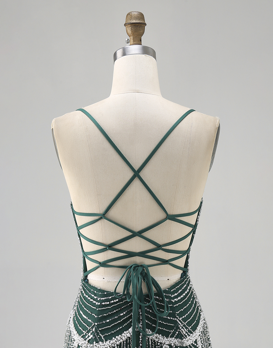 Sparkly Dark Green Tight Spaghetti Straps Short Homecoming Dress with Beading