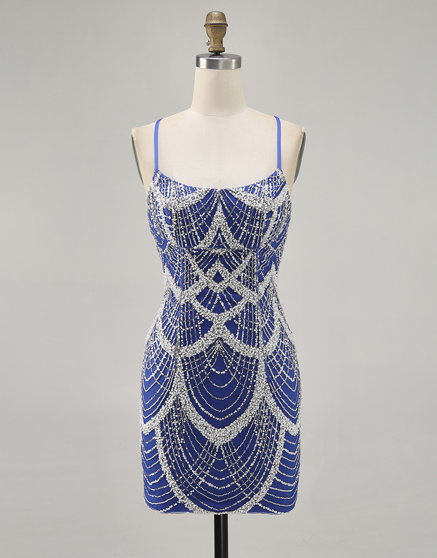 Sparkly Royal Blue Tight Spaghetti Straps Short Homecoming Dress with Beading
