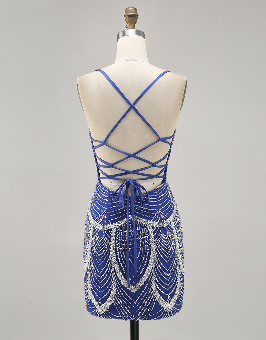 Sparkly Royal Blue Tight Spaghetti Straps Short Homecoming Dress with Beading