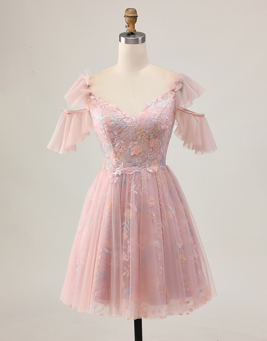 Sparkly Blush Floral Cold Shoulder A Line Ruffled Short Homecoming Dress