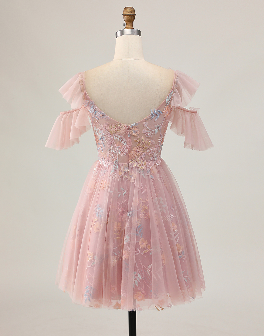 Sparkly Blush Floral Cold Shoulder A Line Ruffled Short Homecoming Dress