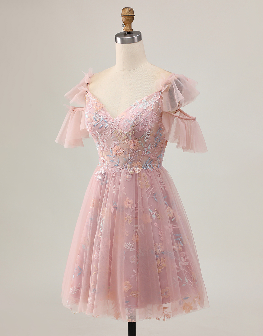 Sparkly Blush Floral Cold Shoulder A Line Ruffled Short Homecoming Dress
