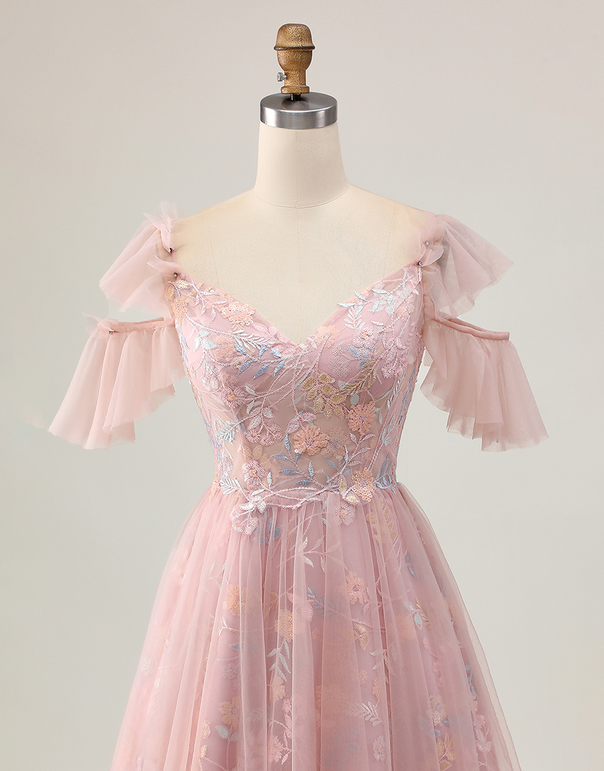 Sparkly Blush Floral Cold Shoulder A Line Ruffled Short Homecoming Dress