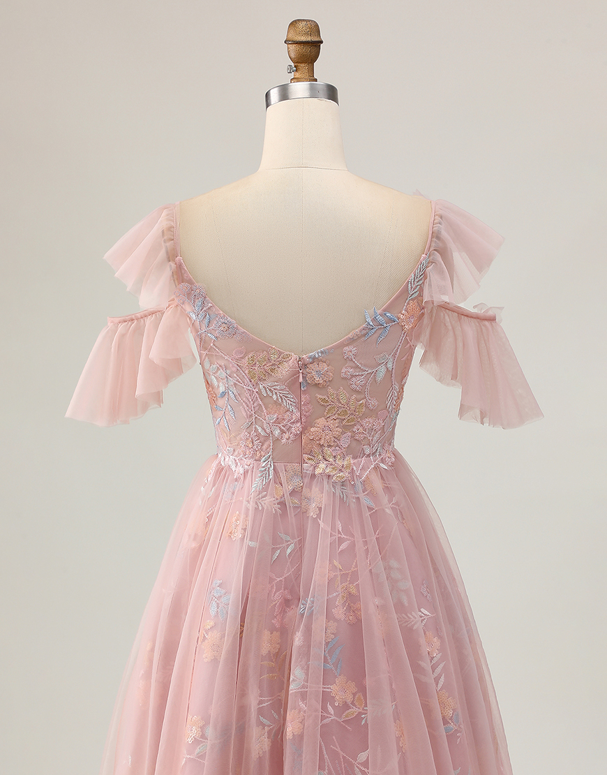 Sparkly Blush Floral Cold Shoulder A Line Ruffled Short Homecoming Dress