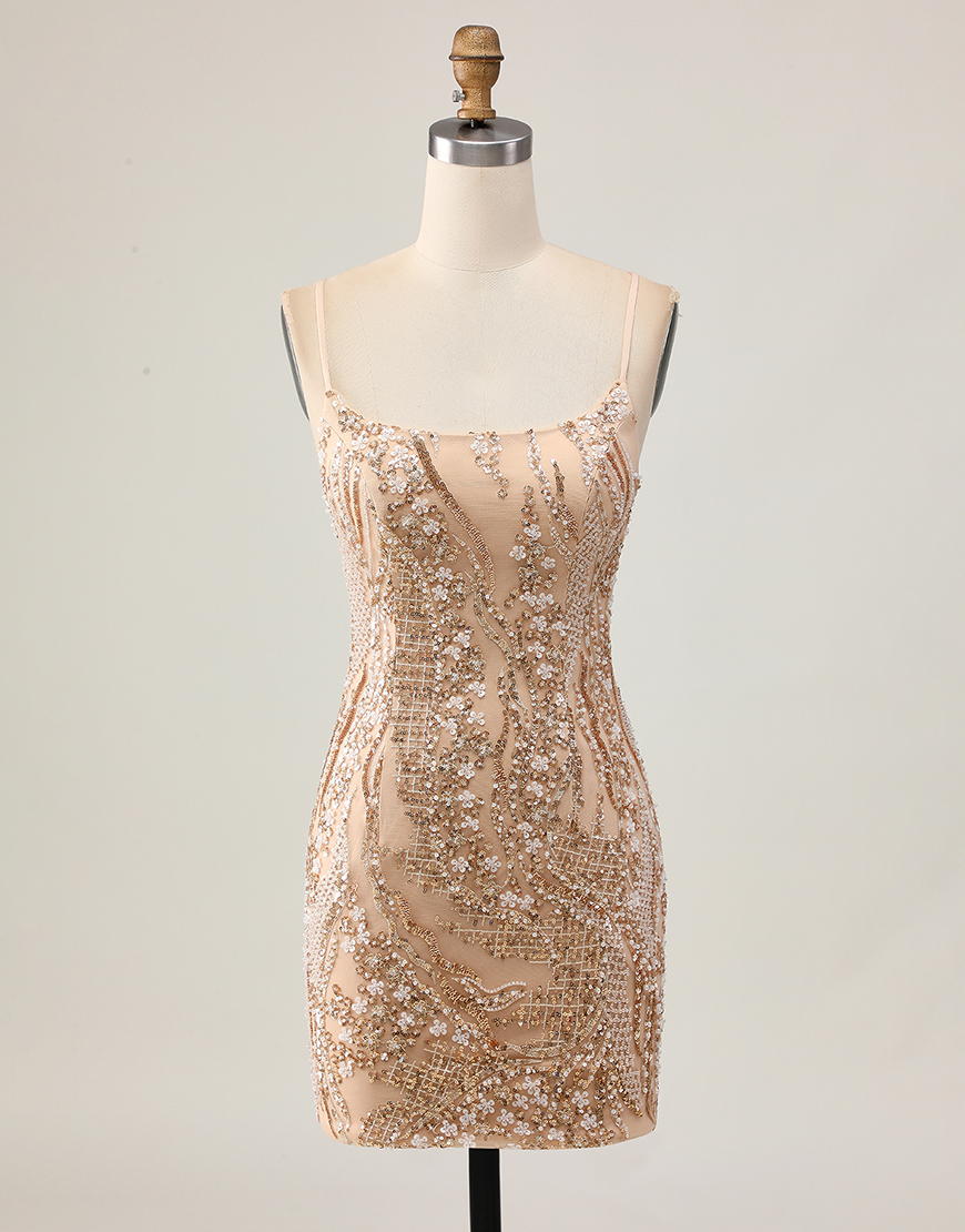 Sparkly Champagne Tight Floral Short Homecoming Dress with Beading