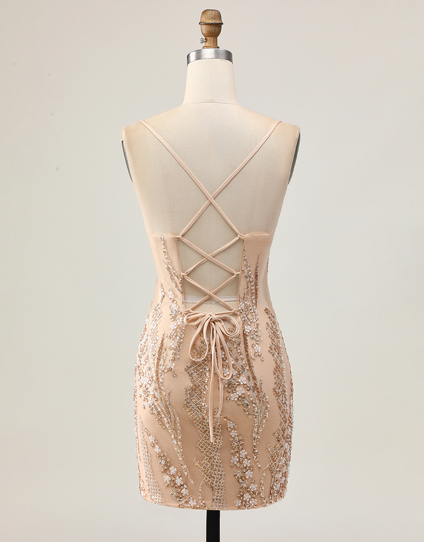 Sparkly Champagne Tight Floral Short Homecoming Dress with Beading