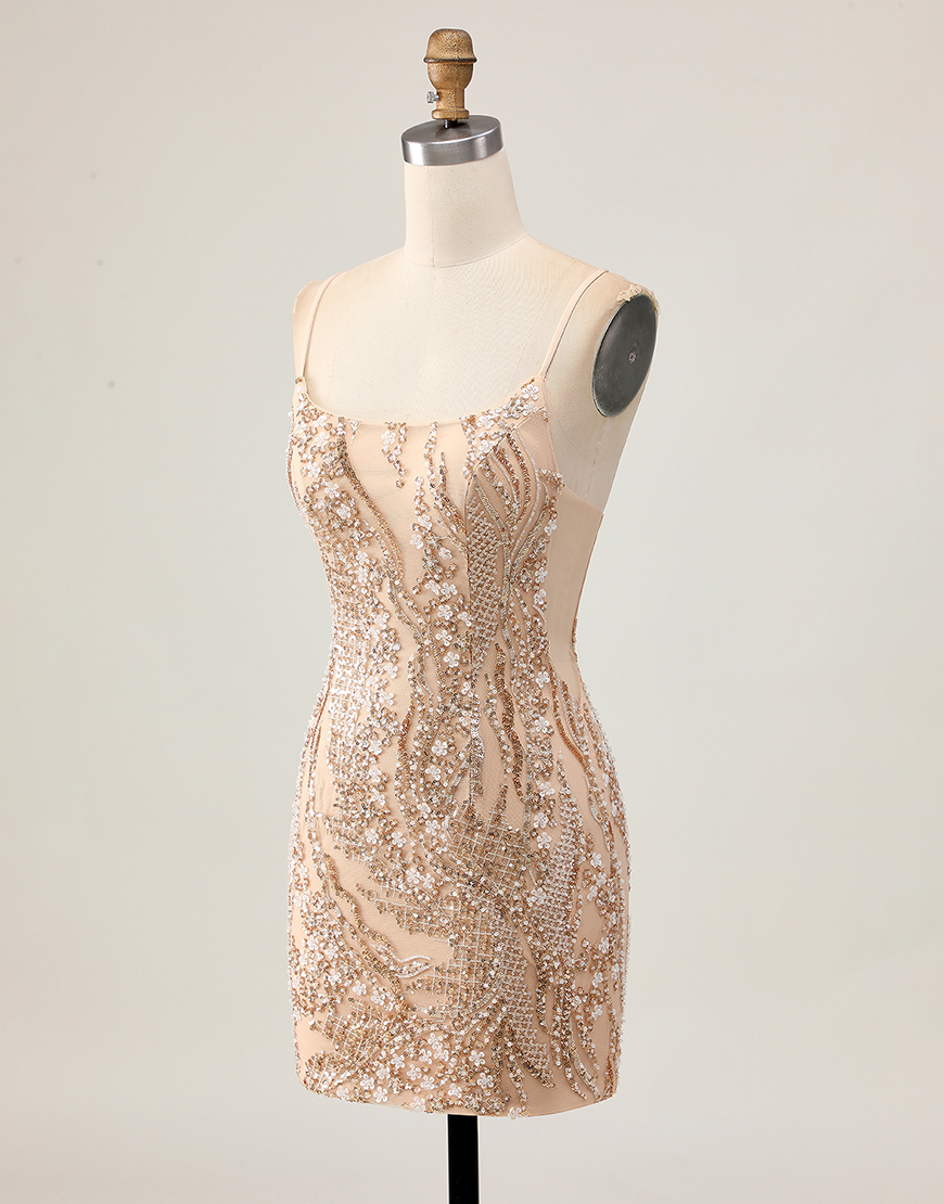 Sparkly Champagne Tight Floral Short Homecoming Dress with Beading
