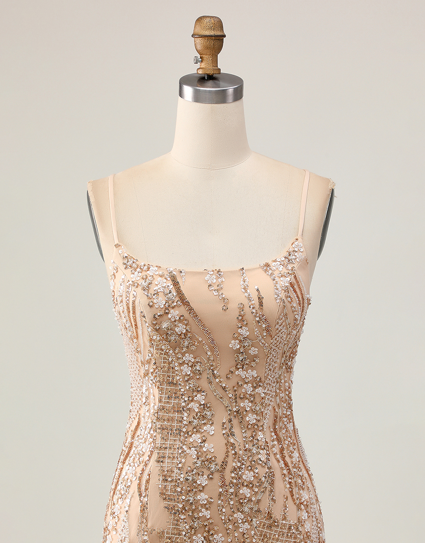 Sparkly Champagne Tight Floral Short Homecoming Dress with Beading