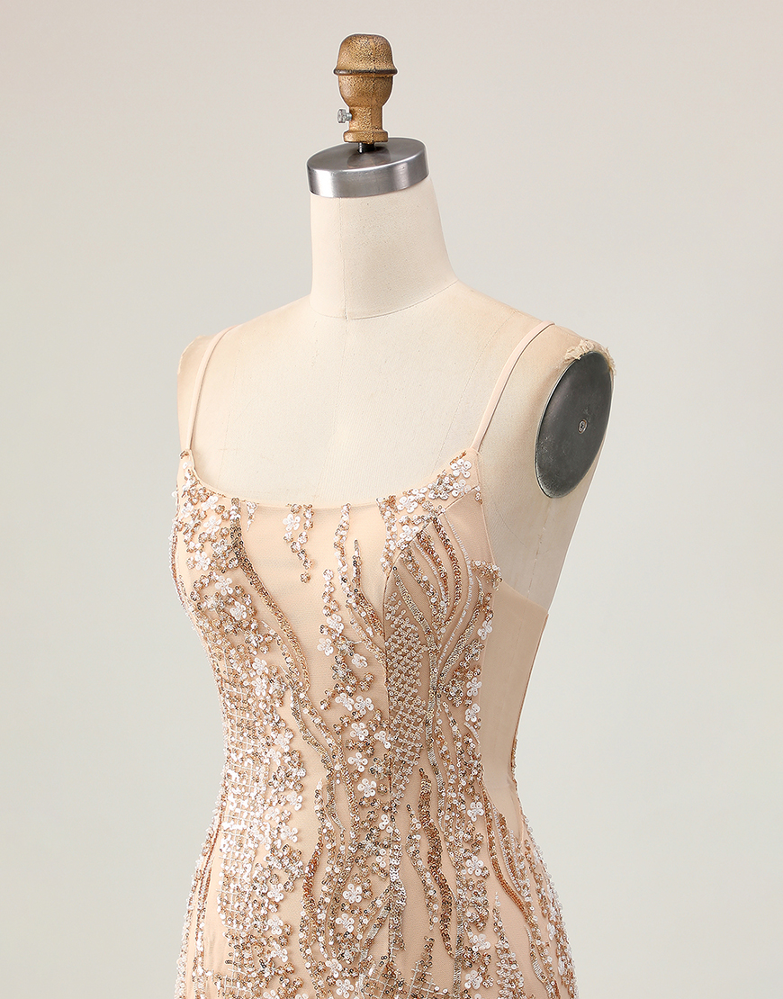 Sparkly Champagne Tight Floral Short Homecoming Dress with Beading