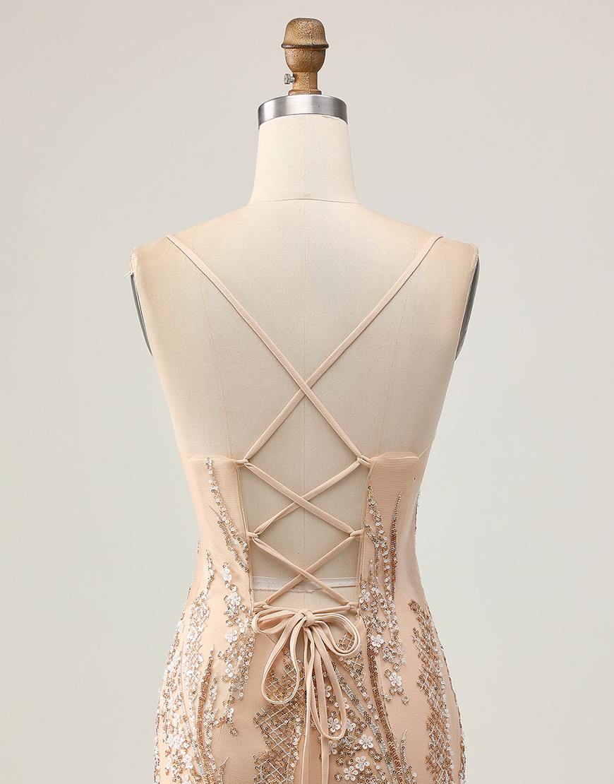 Sparkly Champagne Tight Floral Short Homecoming Dress with Beading