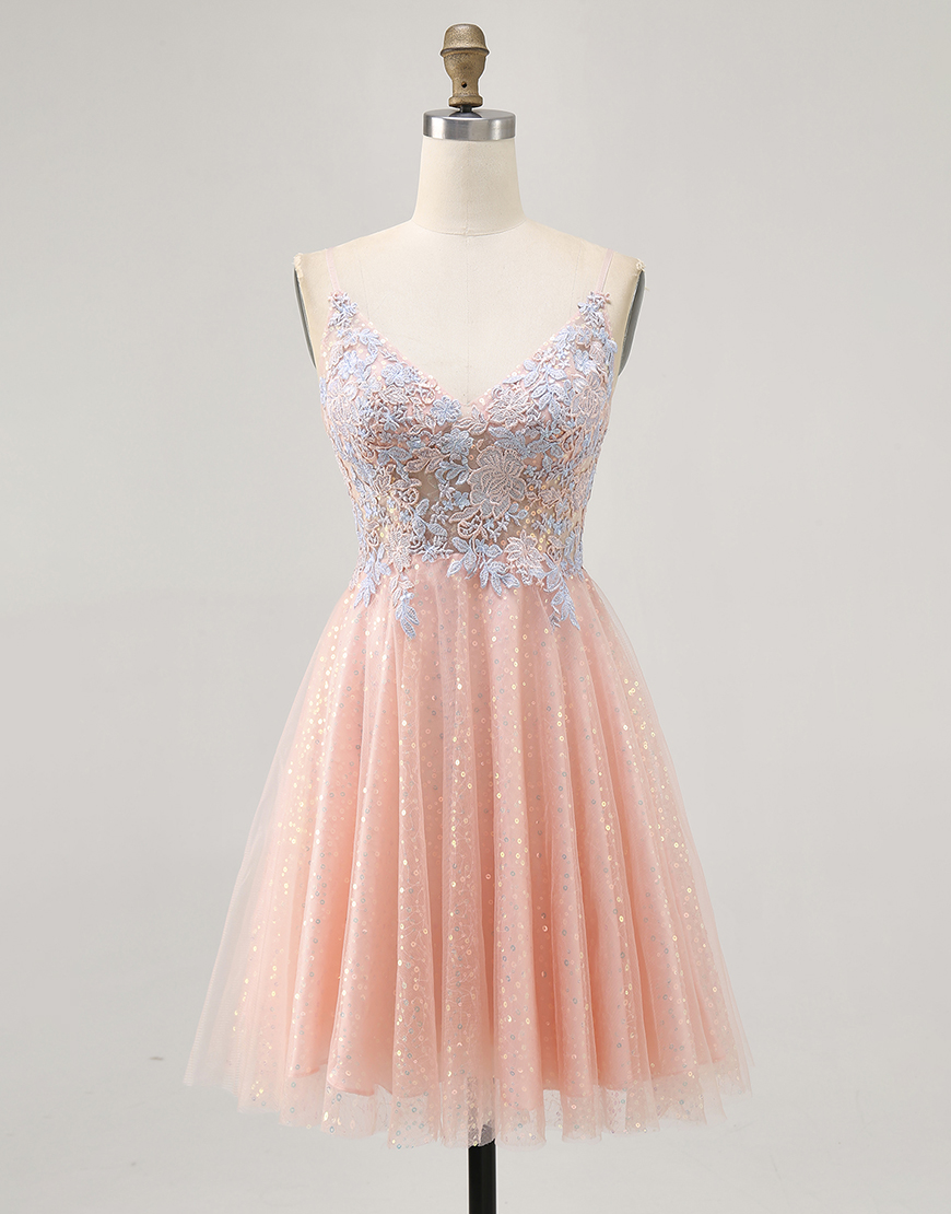 Sparkly Blush and Blue Appliqued Short A Line Homecoming Dress with Sequins