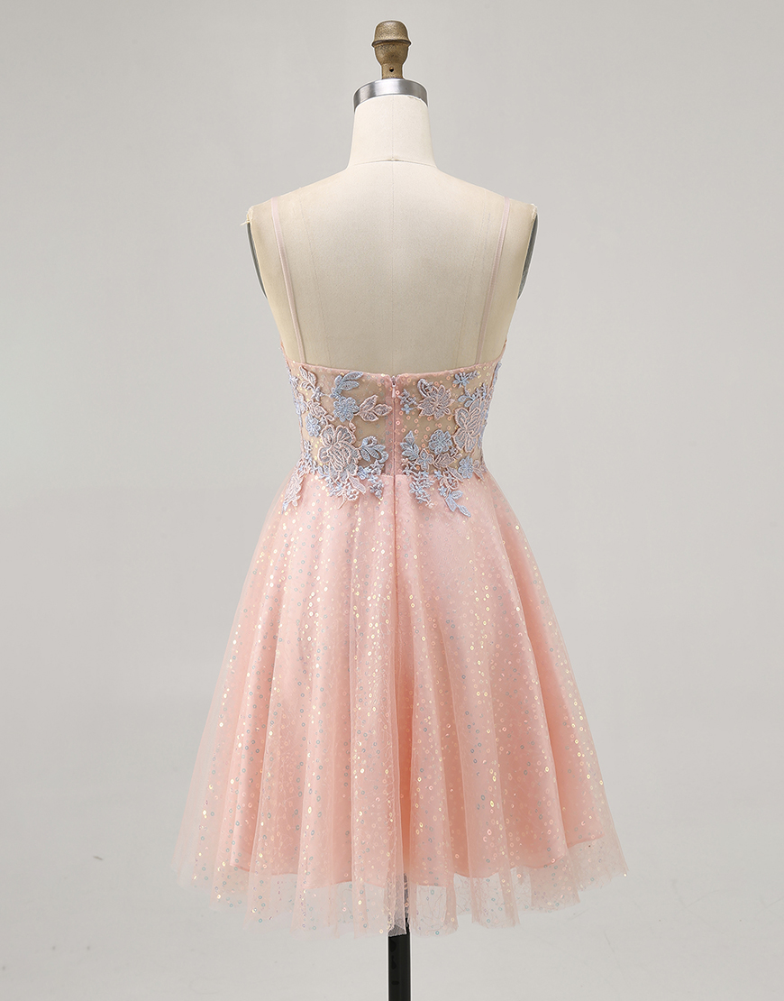 Sparkly Blush and Blue Appliqued Short A Line Homecoming Dress with Sequins