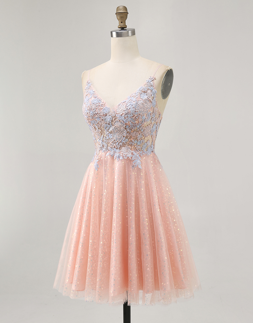 Sparkly Blush and Blue Appliqued Short A Line Homecoming Dress with Sequins