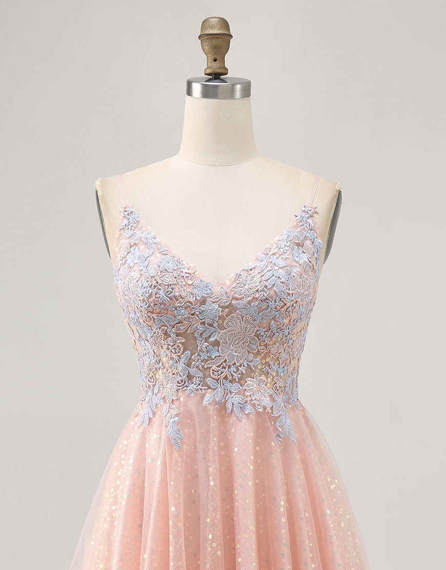 Sparkly Blush and Blue Appliqued Short A Line Homecoming Dress with Sequins