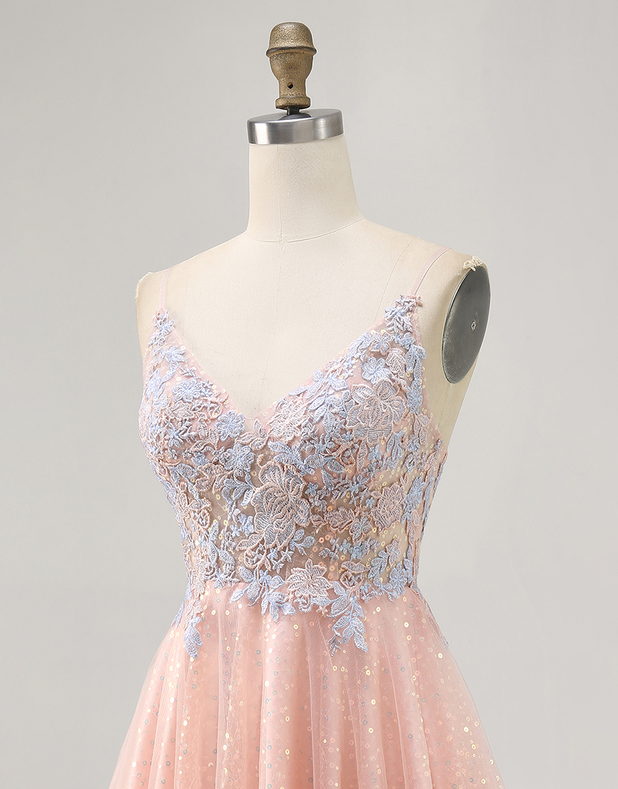 Sparkly Blush and Blue Appliqued Short A Line Homecoming Dress with Sequins