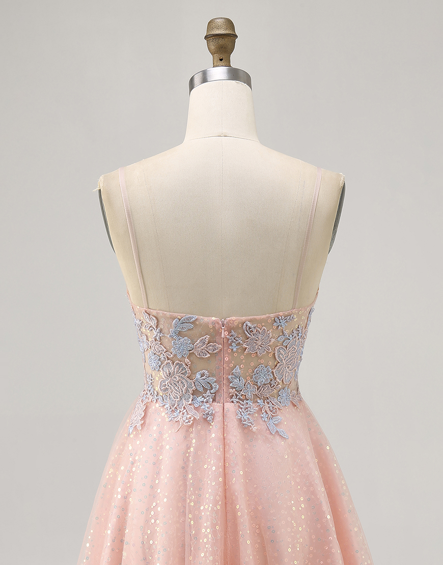 Sparkly Blush and Blue Appliqued Short A Line Homecoming Dress with Sequins