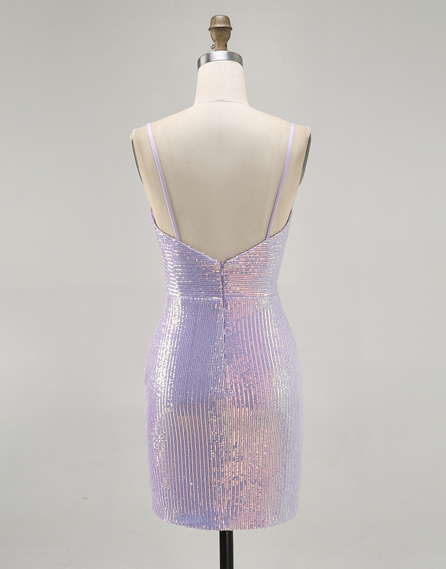 Sparkly Lilac Tight Backless Sequin Short Homecoming Dress