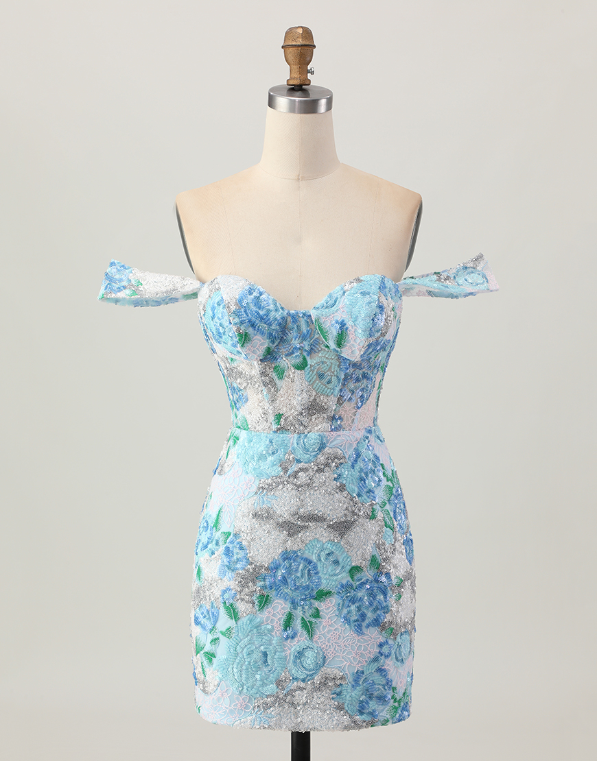 Sparkly White Blue Floral Short Sequin Tight Homecoming Dress