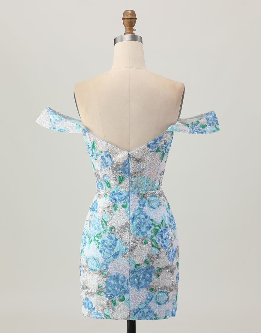 Sparkly White Blue Floral Short Sequin Tight Homecoming Dress