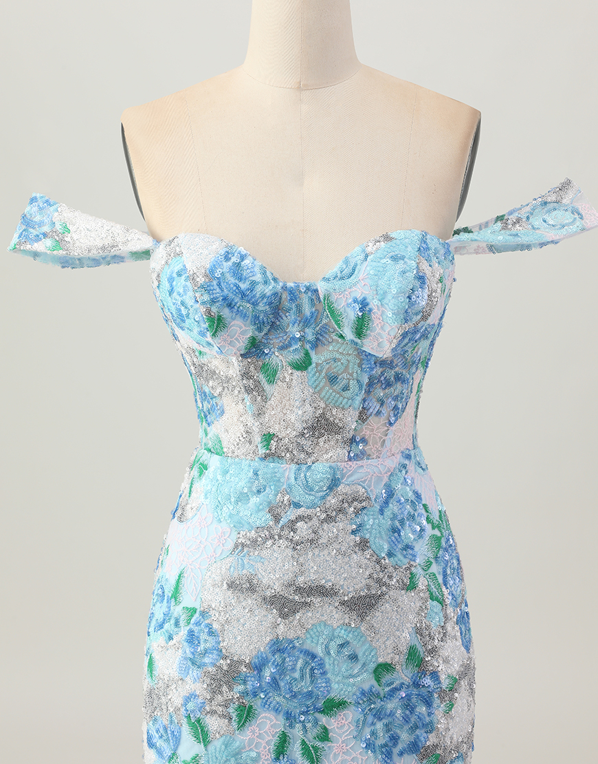 Sparkly White Blue Floral Short Sequin Tight Homecoming Dress