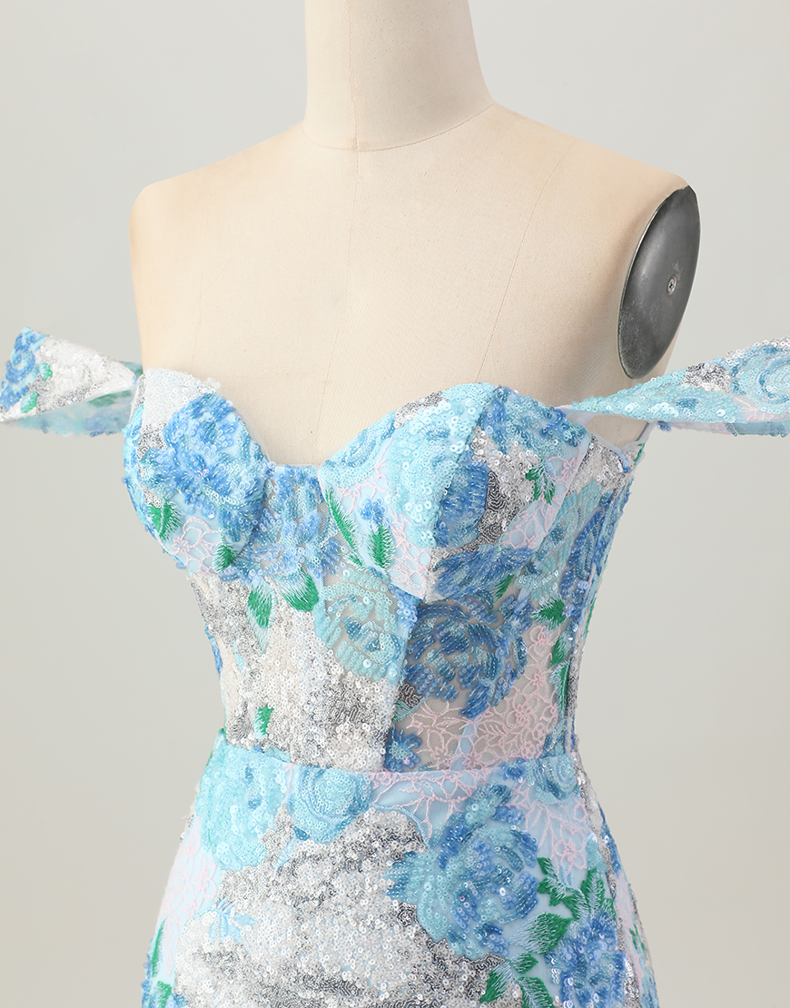 Sparkly White Blue Floral Short Sequin Tight Homecoming Dress