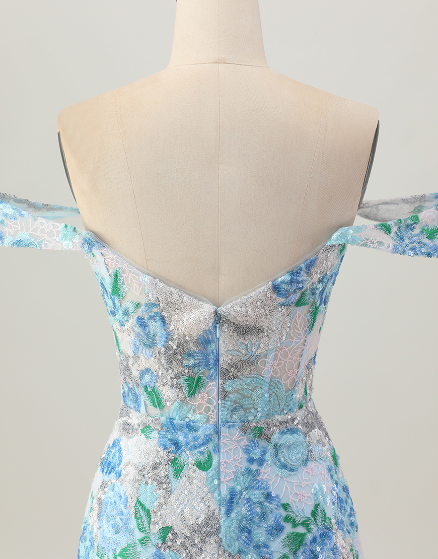 Sparkly White Blue Floral Short Sequin Tight Homecoming Dress