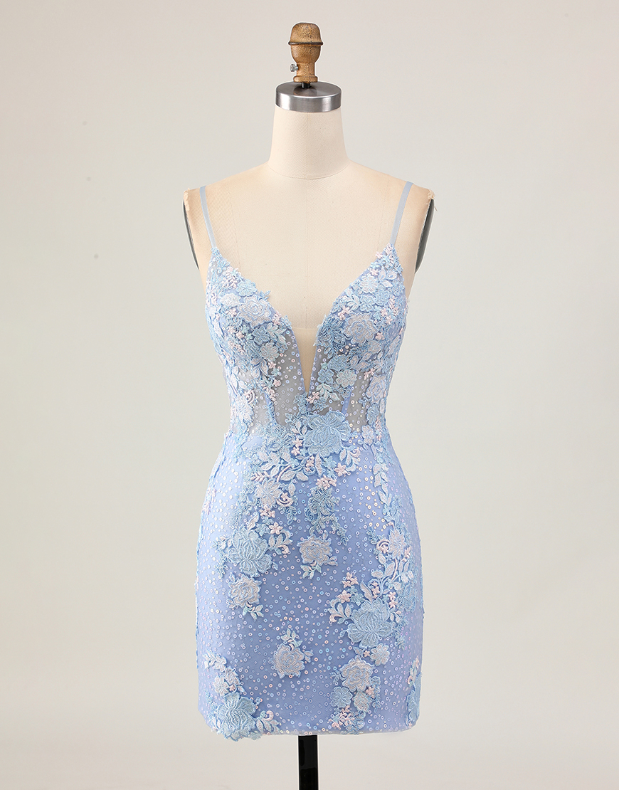 Sparkly Light Blue Floral Tight Short Corset Homecoming Dress with Appliques