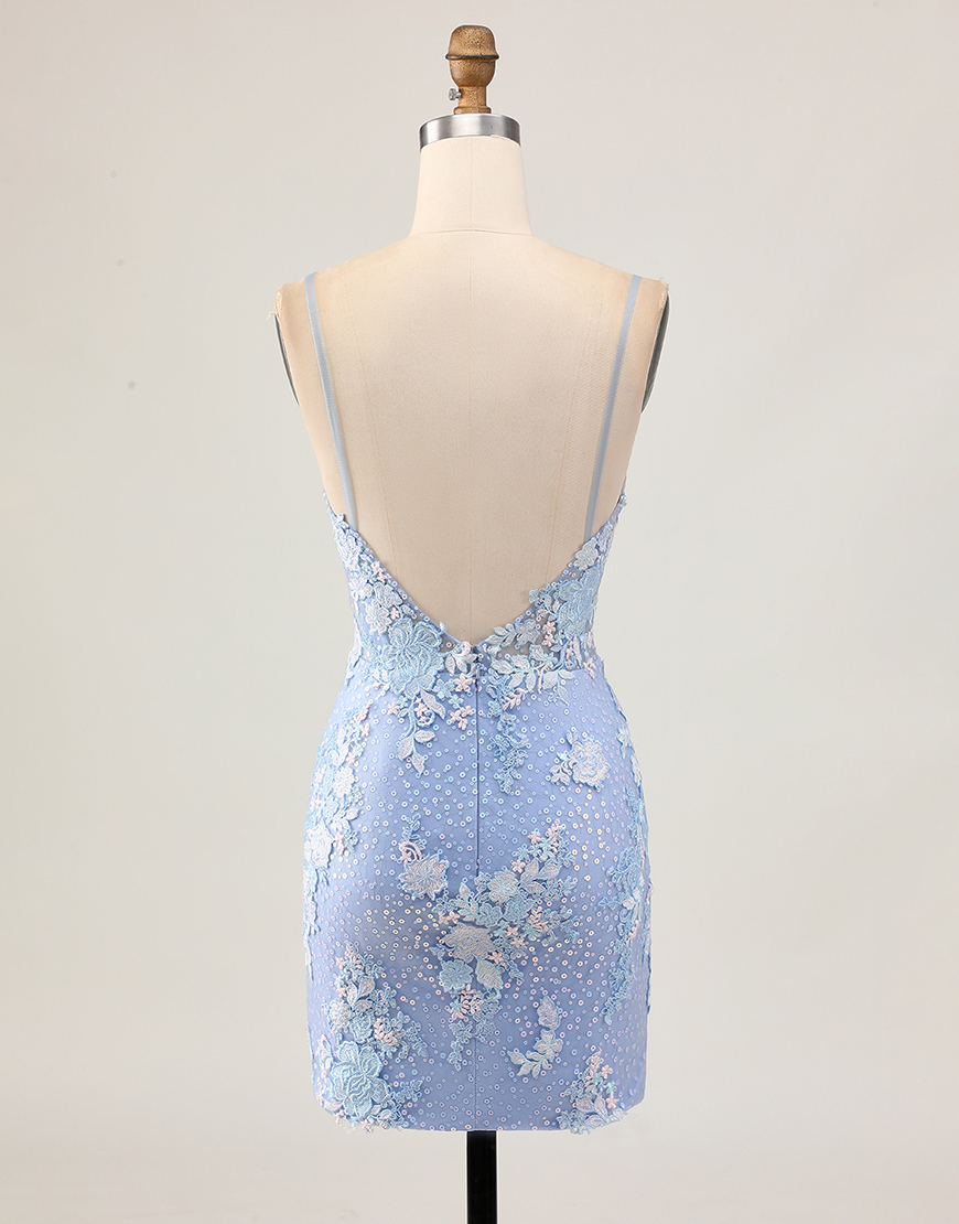 Sparkly Light Blue Floral Tight Short Corset Homecoming Dress with Appliques